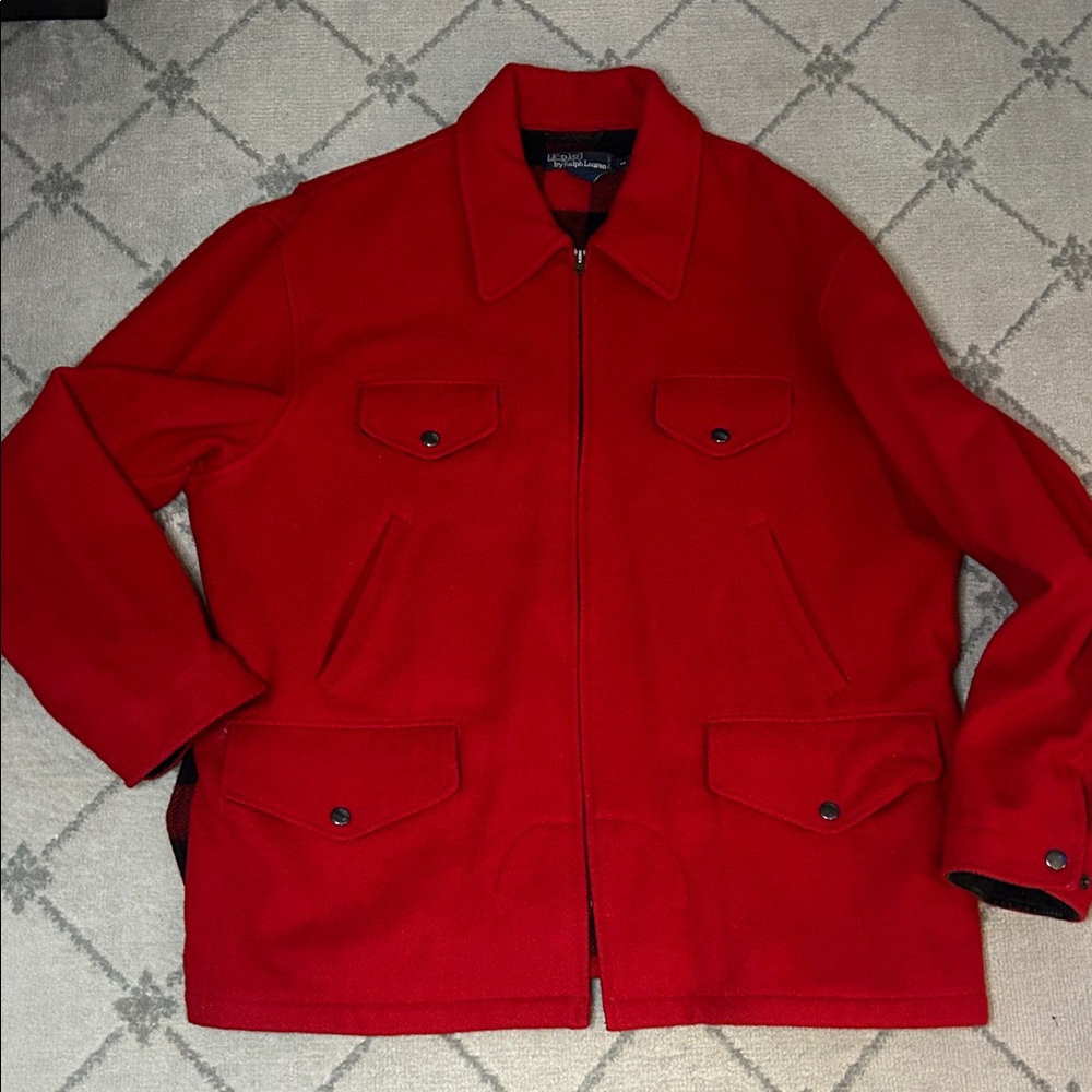 Vintage Polo Ralph Lauren Men's Vibrant Red Wool Jacket with Plaid Lining
